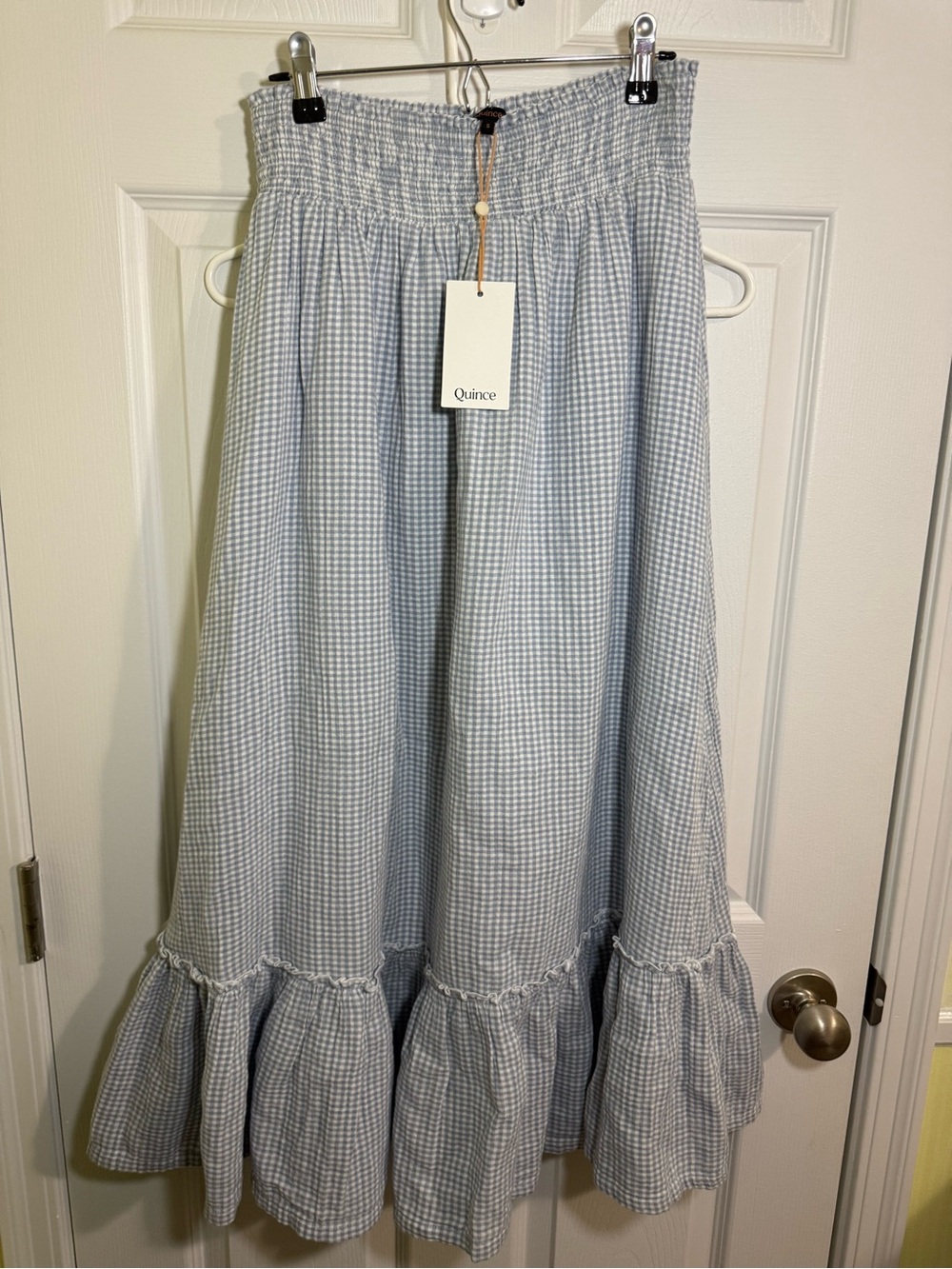 Quince Organic Cotton Gauze Smocked Maxi Skirt in the Blue Gingham New with Tags